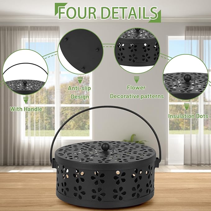 Portable Iron Mosquito Coil Holder with Handle Round Heat-Resistant Incense Holder (Black) - Bloomnest