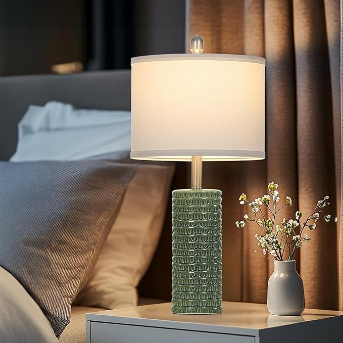 24.5" Green Ceramic Table Lamps Set of 2, Farmhouse Table Lamps for Living Room, Modern Lamps for Bedroom Night Stands, Traditional Nightstand Desk Lamps(LED Bulbs Included) - Bloomnest