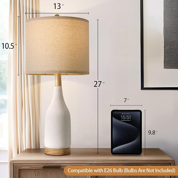 PORTRES 27" Ceramic Table Lamps for Bedroom Living Room Vintage Lamp Set of 2 Bedside Nightstand Lamp Large Farmhouse Rustic Boho Retro Modern Table Lamp Light Home Office Desk Deco Gifts, White - Bloomnest