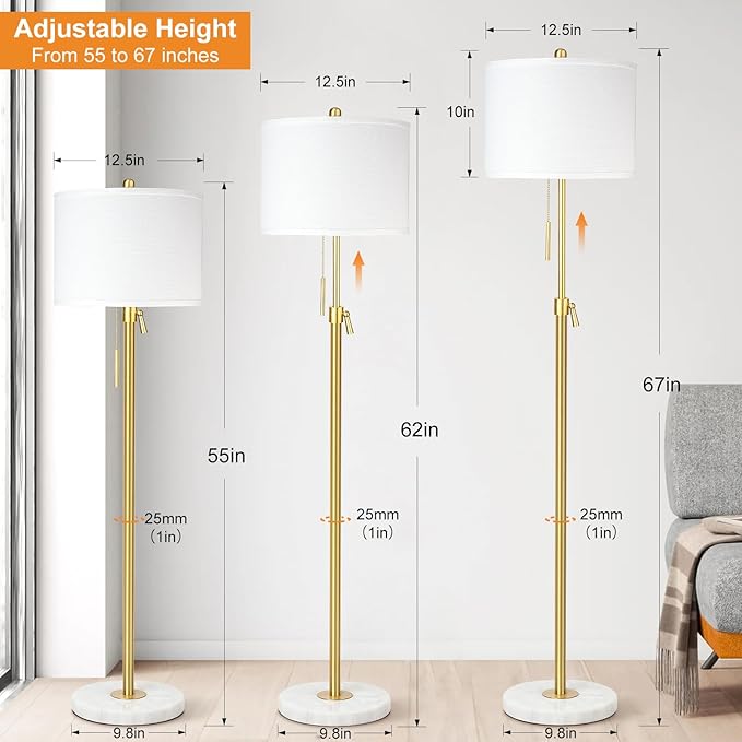 【Upgrade】 Gold Floor Lamps for Living Room, 55"-67" Height Adjustable Modern Standing Lamp with Marble Base, Pull Chain Switch, 3-Way Dimmable Tall Pole Lamp for Bedroom Office Reading, Bulb Included - Bloomnest