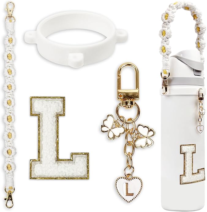 Compatible with Owala Water Bottle Accessories, Cute Letter Charm Set with Boho Handle Strap, Monogram Sticker, Silicone Ring, Keychain Decoration, for FreeSip 24 32 40oz, Owala Kids, Tumbler Gift SITKOL