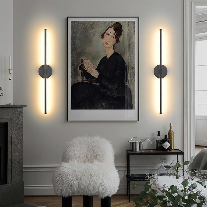 Wall Sconces Battery Operated Set of 2, Black LED Wireless Wall Sconce with Remote Control 350° Rotating, 27.6 Inch Dimmable USB Rechargeable Wall Lights for Living Room Bedroom Hallway - Bloomnest