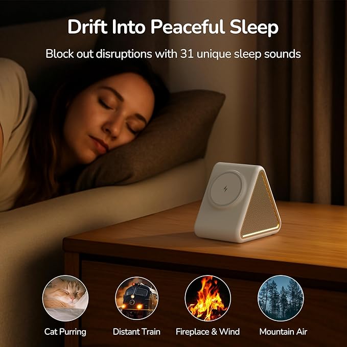 Housbay Sound Machine with Magnetic Wireless Charger for iPhone, 2-in-1 Design for Clutter-Free Nightstand, Dual-Speaker Stereo Sound for Sleeping - Cream - Bloomnest