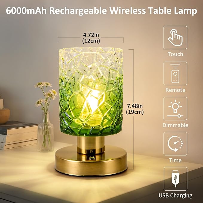 Battery Powered Lamp with Timer, Aesthetic Glass Cordless Lamps, Dimmable Rechargeable Lamp with Remote Control, Small Touch lamp for Nightstand Bedside Bedroom Living Room(Gradient Green) - Bloomnest