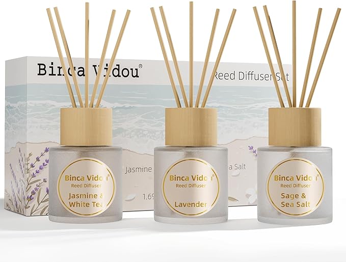 Reed Diffuser Set of 3, Binca Vidou Lavender, Jasmine & White Tea, Sage & Sea Salt Natural Scent Oil Diffusers with Sticks for Home Office Bathroom Aromatherapy Decor 1.69oz x 3 - Bloomnest
