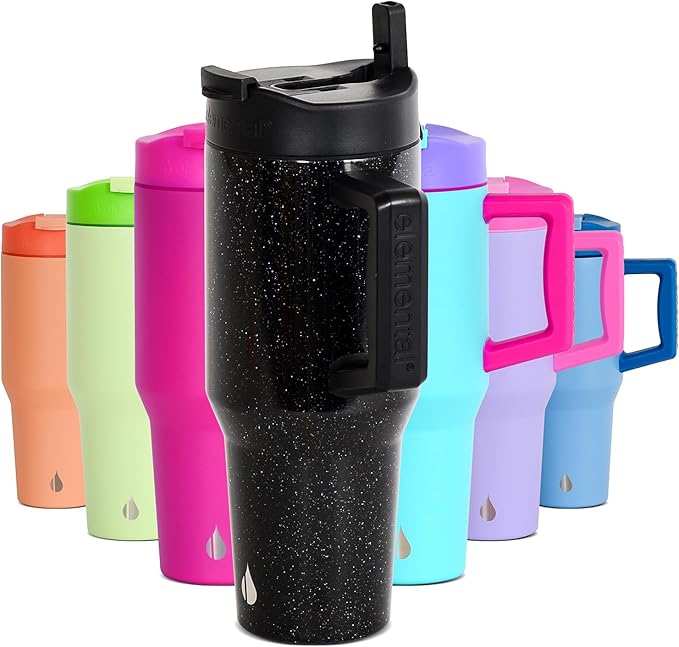 Elemental 32 oz 100% Leak Proof Tumbler with Handle & Straw - Stainless Steel Double Wall Insulated Tumbler for Hot and Cold Beverages - Travel Coffee Mug with Sip & Straw Lid - Black Speckle - Bloomnest