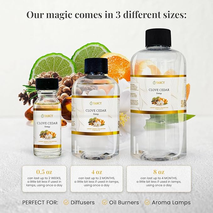 YANCY Clove Cedar Luxury Collection Fragrance Oil (1/2 oz), Earthy Clove and Cedarwood Aroma, Versatile Scent for Diffusers, Oil Burners & Aroma Lamps, Grounding Fragrance for Cozy Vibes YancySpa