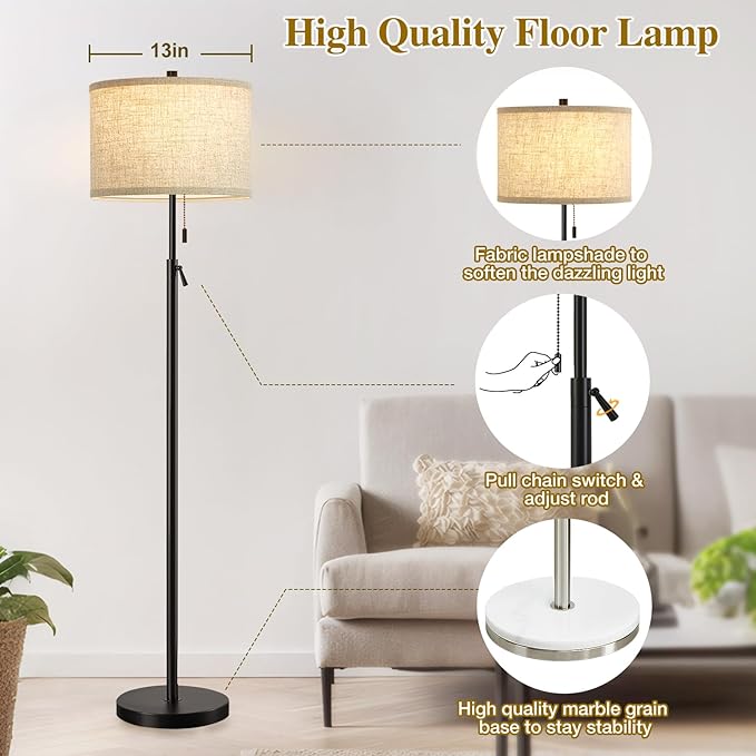 GyroVu Black Floor Lamp, Height Adjustable Standing Lamp Tall Lamp with Fabric Lampshade&Pull Chain Corner Floor Lamps for Living Room, Bedroom & Office Bulbs Not Included(Black Base) - Bloomnest