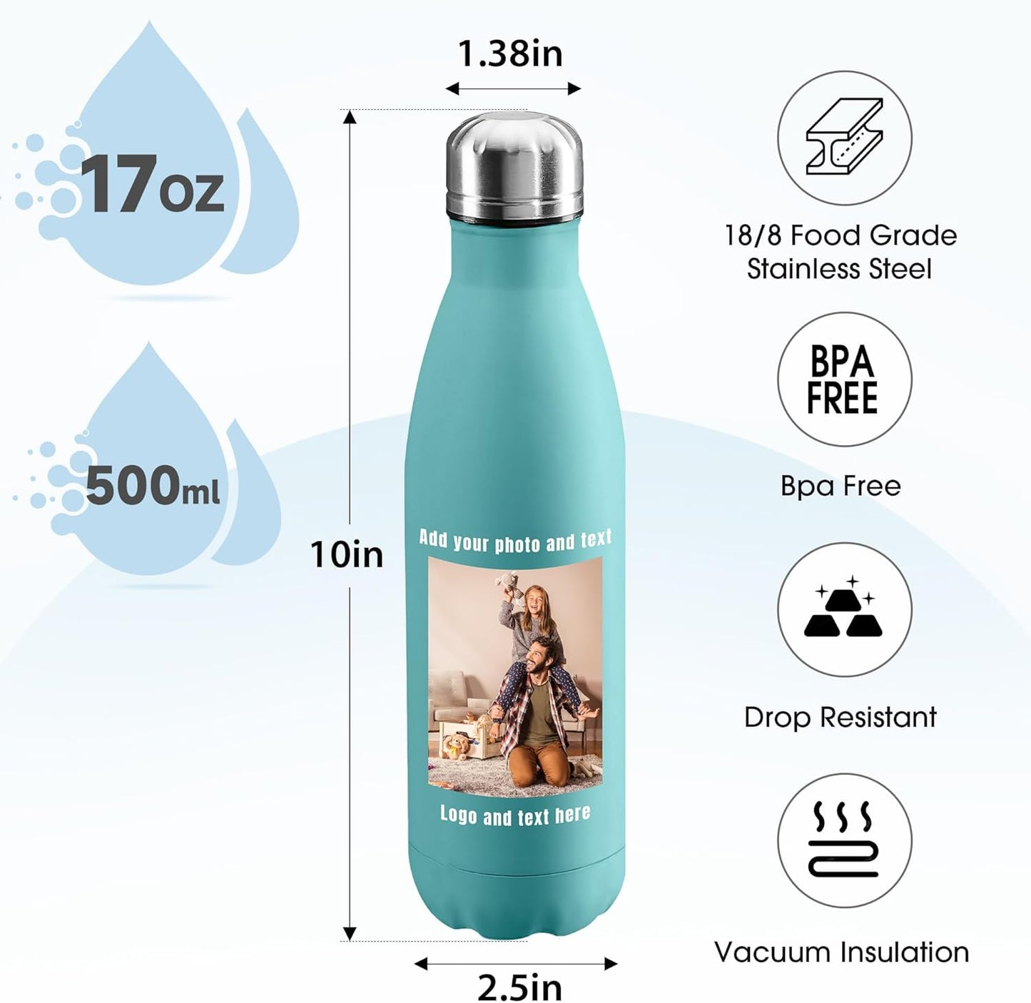 USA Custom Water Bottle, 17oz Personalized Sport Water Tumbler, Stainless Steel Material, Leak-Proof, insulation, Customizabne Name, Suitable for Travel Holiday Gift for Women