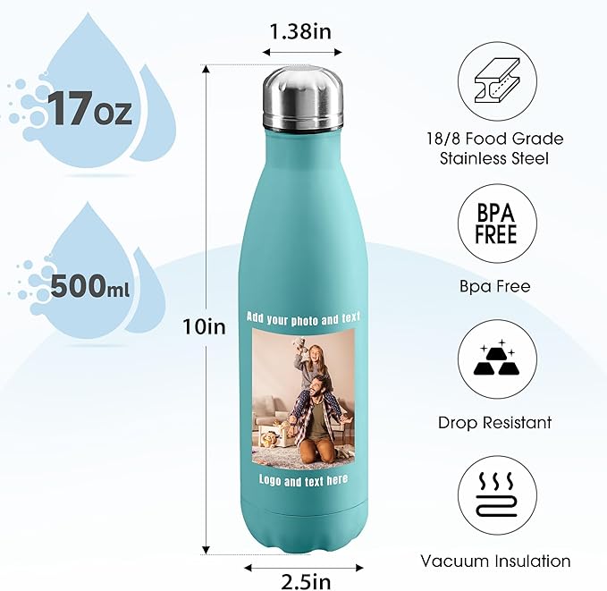 USA Custom Water Bottle, 17oz Personalized Sport Water Tumbler, Stainless Steel Material, Leak-Proof, insulation, Customizabne Name, Suitable for Travel Holiday Gift for Women - Bloomnest