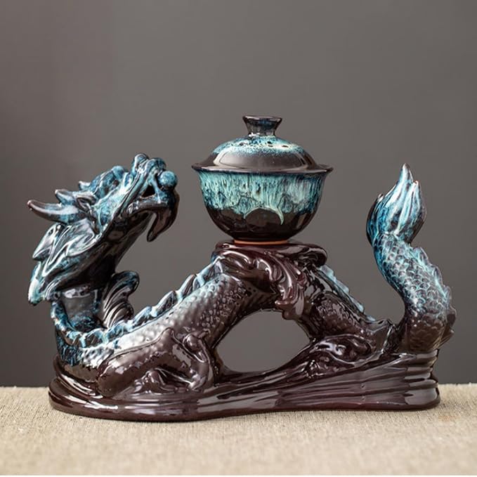 Chinese Gongfu Tea Set - Ceramic Teapot with Infuser, 8 Cups, Semi Automatic Dragon Design for Loose Leaf Tea