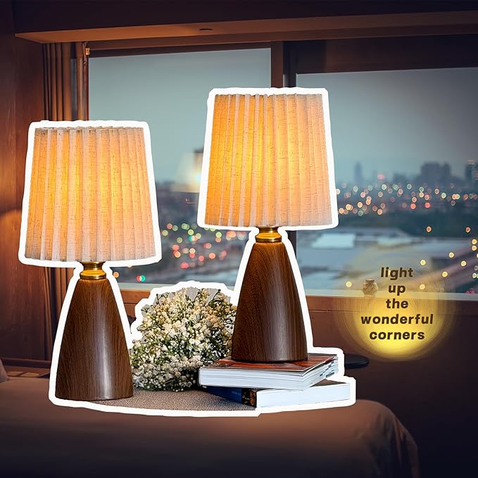 Small Pleated Table Lamp Set of 2 for Bedroom, Mini Bedside Lamps for Nightstand with Round Fabric Linen Shade, Dimmable Desk Lamp, Cute Table Lamps for Small Spaces for Living Room, Kids Room - Bloomnest