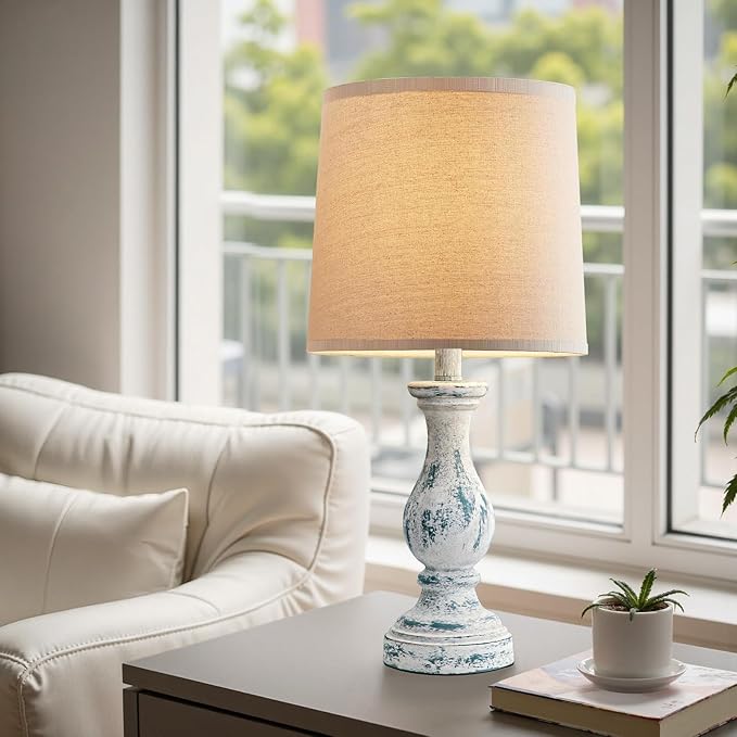 Seealle Farmhouse Table Lamps Set of 2 - Rustic Lamp for Bedroom Living Room, 22" Boho Bedside Lamps for Night Stands End Table Office Desk Lamp Nightstand Clearance with Linen Shades(Washed Blue) - Bloomnest