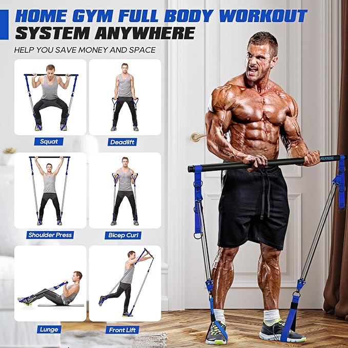 Pilates Bar Kit with Resistance Bands, Heavy Duty Pilates Equipment for Men, Strength Training Bar for Legs, Hip, Back, Arm, Abs, Chest, Shoulders, Portable Home Gym Full Body Workout Equipment - Bloomnest