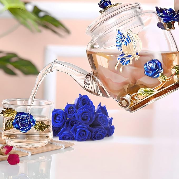 Glass Teapot -300 ml (10 oz) - Blue Rose Flower Butterfly Decoration Heat Resistant Glass Teapot Kettle Loose Leaf Teapot Tea Party Set (Blue) - Bloomnest