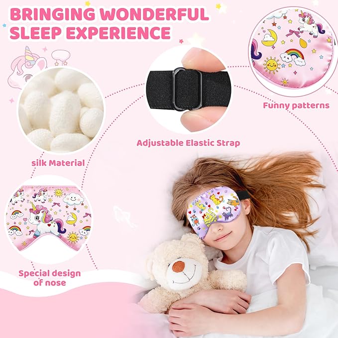 2 Pcs Sleep Mask for Kids Girls, Silk Eye Covers for Sleeping, Adjustable Strap & Light Blocking Design, Children's Bedtime Blindfold for Travel and Home Use (Rainbow Unicorn) - Bloomnest