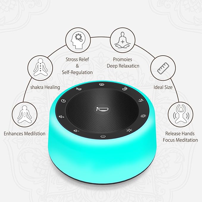 Kipcush Tibetan Singing Bowls Sound Machine - 11 Different Sized Sound Bowls with Night Light for Yoga, Meditation, Mindfulness, Healing, Chakra Healing and Stress Relief, Timer, Plug in (Black) - Bloomnest