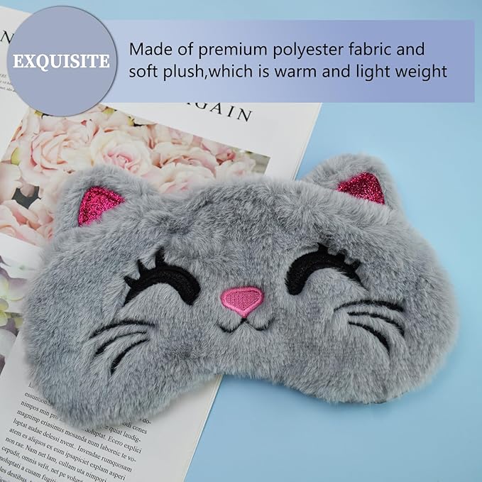 Cute Sleep Masks - Cartoon Animal Cat Eye Mask, Plush Sleeping Mask & Travel Blindfold - Funny Kitten Eye Shade for Kids, Girls & Adults (Grey Cat) - Bloomnest