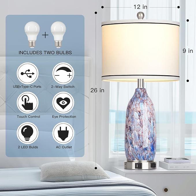 26" Coastal Glass Table Lamps Set of 2 for Living Room, 3 Way Touch Bedside Lamp for Bedroom, Nautical Beachy Lamp with USB A+C Ports and AC Outlet for Nightstand, 2 LED Bulbs Included - Bloomnest