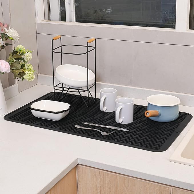 Silicone Dish Drying Mat for Multiple Usage,Easy clean,Eco-friendly,Heat-resistant Silicone Mat for Kitchen Counter or Sink,Refrigerator or Drawer Liner Black 4XL 32 inches x 18 inches - Bloomnest