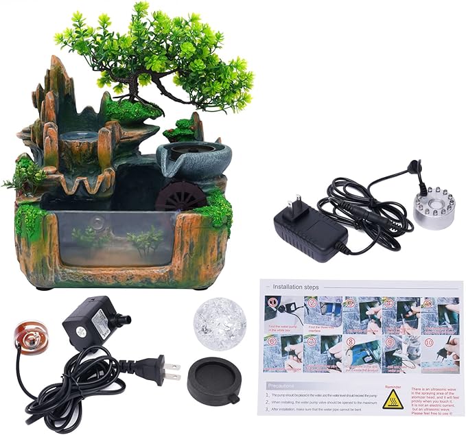 Fountains Waterfall Décoration,Indoor Relaxation Desktop Fountain Waterfall,Atomizing Humidifier,Desktop Fountain Waterfall with Rockery,Plant,Tabletop Fountain LED Waterfall for Home Office Desk