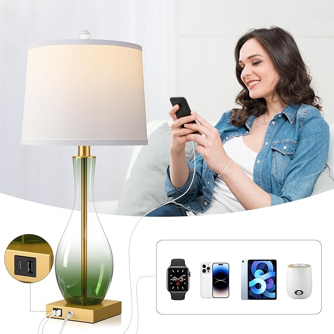 3-Way Dimmable Modern Glass table lamp for Living Room, Green Table Lamps Set of 2 with Touch Control, USB C and A Charging Ports, 27" Bedside Desk Lamps for Nightstand Decorations(LED Bulbs Included) - Bloomnest