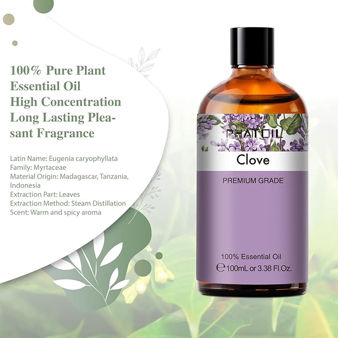 PHATOIL 3.38Fl.Oz Clove Essential Oil, for Aromatherapy Diffusers with Glass Dropper, Humidifiers, Great for DIY Candle and Soap Making, Gift for Friend PHATOIL