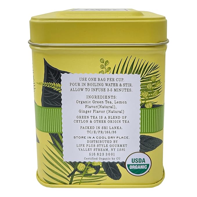 Organic Lemon Ginger Ceylon Green Tea - 50 Packets - Natural Antioxidant Rich Herbal Leaf Teabags - USDA Certified 100% Non-GMO - Caffeinated Premium Designer Tin - Bloomnest