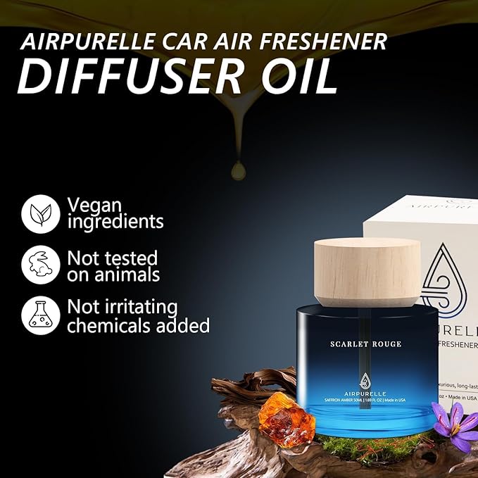 Car Air Freshener 50ML (1.7 FL OZ) Car Air Fresheners Perfume - Saffron Amber Fragrance Oil Air Diffuser for Car, 180+ days Long Lasting Fragrance, Car Air Freshner Wooden Cup Design, Made in USA - Bloomnest