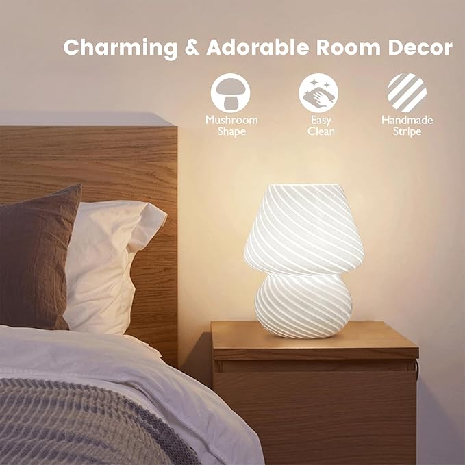 USB Plug-in Mushroom Lamp Small Bedside Table Lamp with 3 Temperature LED Bulb,Free Dimming Nights Light for Bedroom/Living Room/Entryway/Corner Decor (Stripe White) - Bloomnest