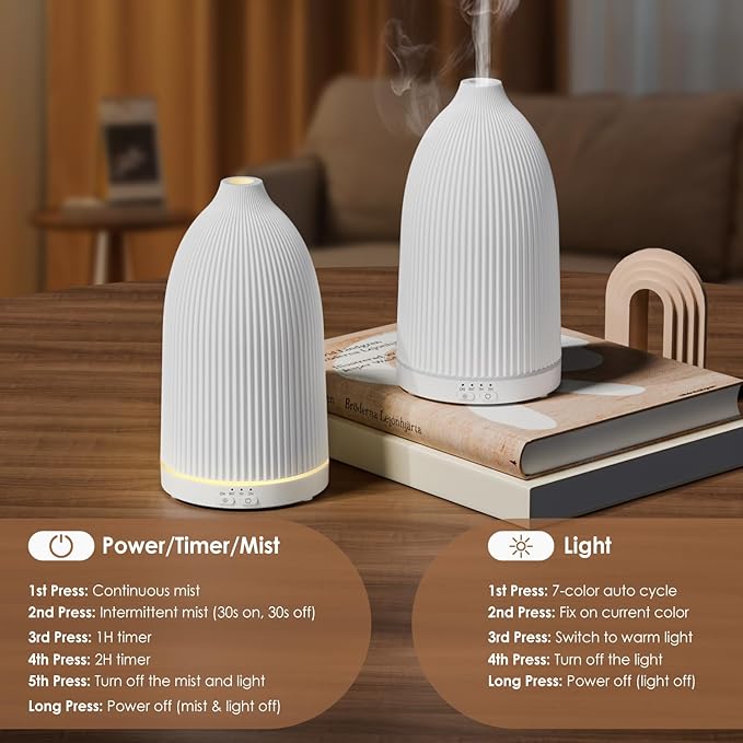 SALKING Essential Oil Diffuser, 100ml Aromatherapy Diffusers with Adjustable Mist Mode Timer Setting, Ultrasonic Diffusers for Essential Oils, 8 LED Colors, for Office Home (White) - Bloomnest
