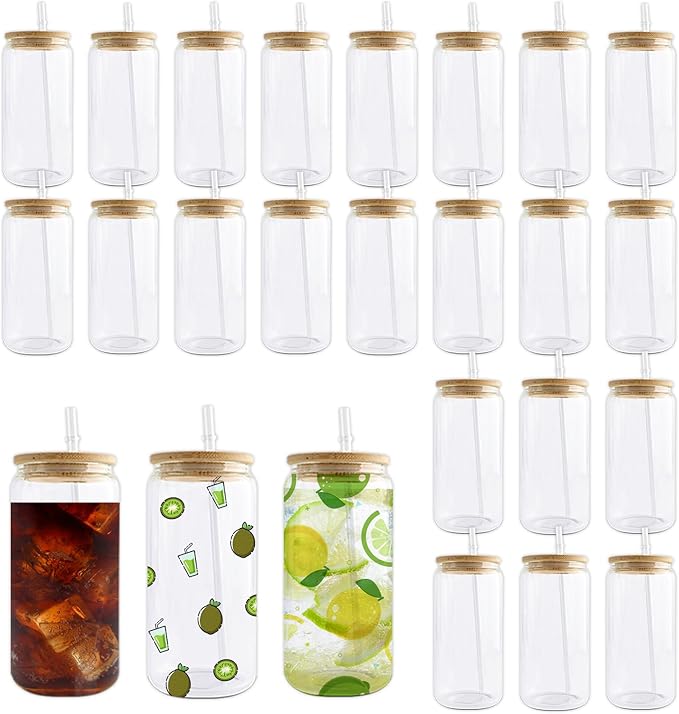 Sublimation Glass Cups Blanks with Bamboo Lids and Straws 25 Set 16 oz Reusable Iced Coffee Cup Beer Can Drinking Glasses, Cute Tumbler Cup for Smoothie Whiskey Boba Soda Tea Water - Bloomnest