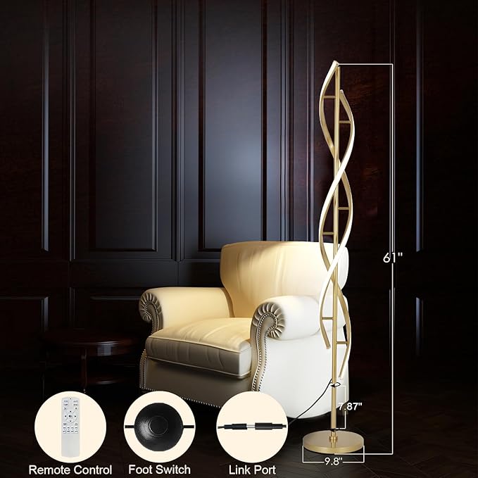 DNA 61" Tall Lamp with Dimmable Rmoete Control,Gold Spiral Beside Corner Modern Floor Lamp for Bedroom,3 Color Temperatures Lamp Standing Lamp for Living Room,Dining Room(Gold) - Bloomnest