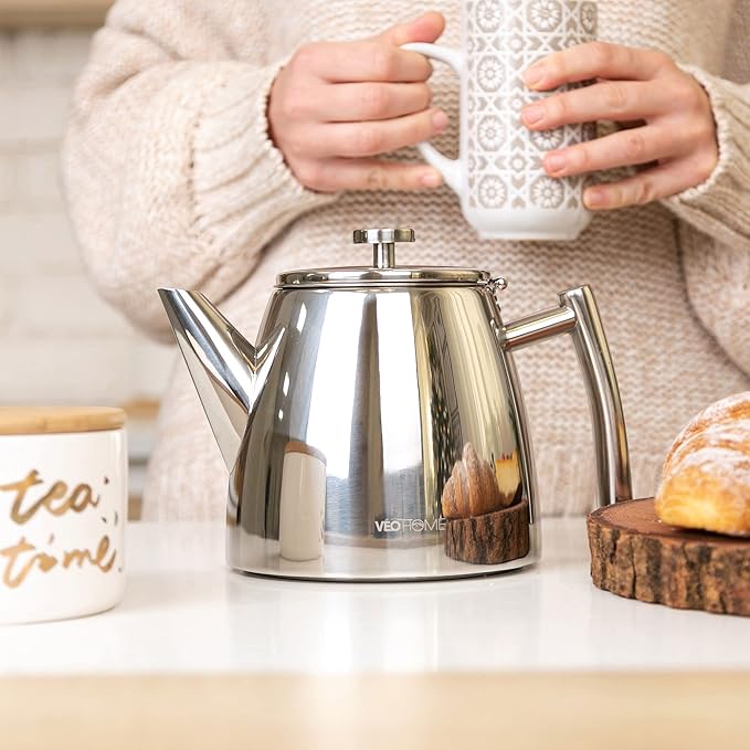 VeoHome Stainless Steel Tea Pot with Infuser - Keeps Heat Thanks to its Double Wall, Silver (0.5 Liter (17 oz))… - Bloomnest