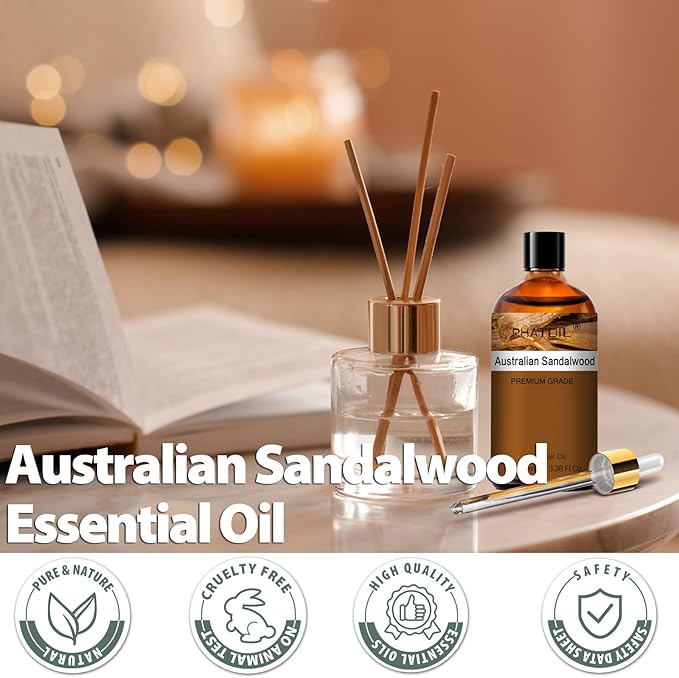 PHATOIL Australian Sandalwood Essential Oil, Pure Premium Natural Oil for Hair Care, Body Skin Care, Aromatherapy, DIY Candle, Soap Making 3.38Fl Oz - Bloomnest