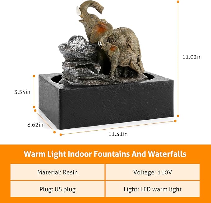 WICHEMI Water Fountains Indoor Waterfall Fountain Tabletop Fountain Water Feature Indoor Zen Garden Elephant Fountain with LED Warm Light for Home and Office Indoor Spaces Decor