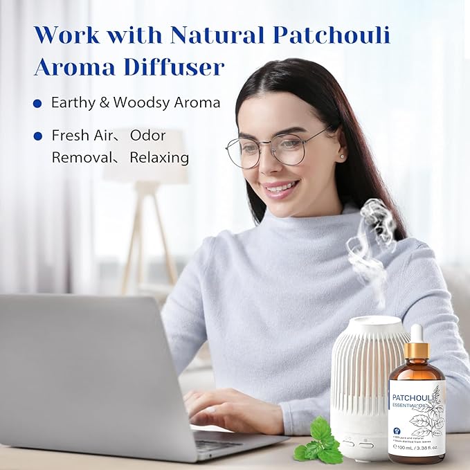 HIQILI Patchouli Essential Oil,100% Pure & Natural for Homemade Perfume, Sooth Skin, Nourish Hair at Home with Diffuser, Gift for Hippie Friend - 3.38 Fl Oz - Bloomnest