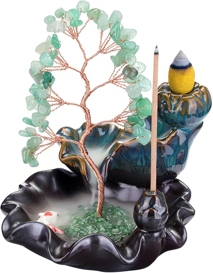 Jovivi Backflow Incense Burner Ceramic Incense Waterfall, Natural Green Aventurine Healing Crystal Money Tree Incense Holder for Wealth, Good Luck, Yoga Meditation, Home Decor - Bloomnest