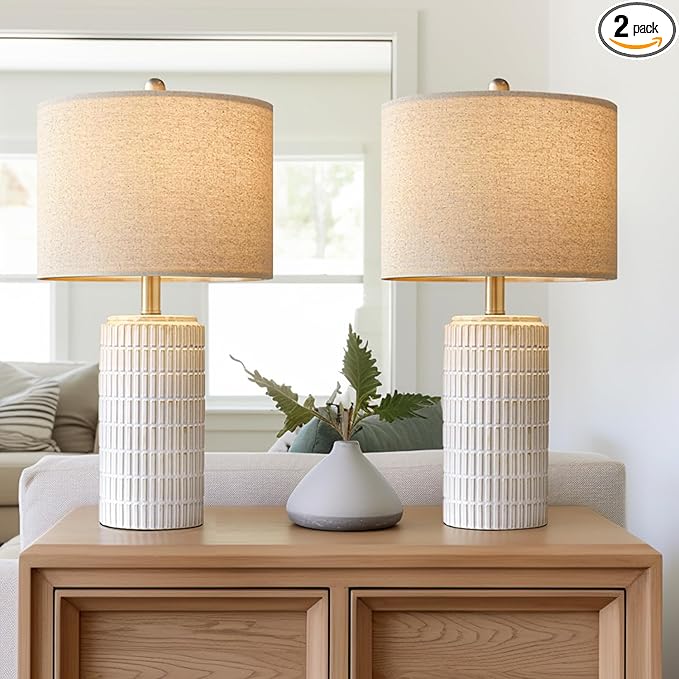 PoKat 23" Modern Ceramic Table Lamp Set of 2 for Living Room White Desk Lamps for Bedroom Farmhouse Bedside Nightstand Bedside Lamp End Table Lamps Beige - Bloomnest