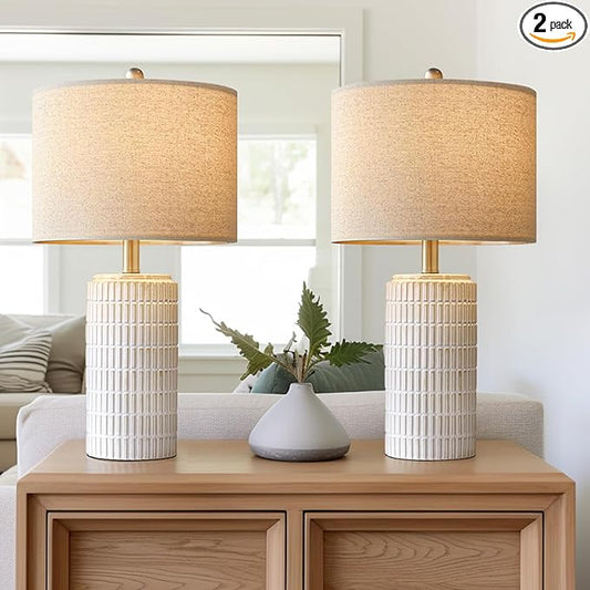PoKat 23" Modern Ceramic Table Lamp Set of 2 for Living Room White Desk Lamps for Bedroom Farmhouse Bedside Nightstand Bedside Lamp End Table Lamps Beige - Bloomnest