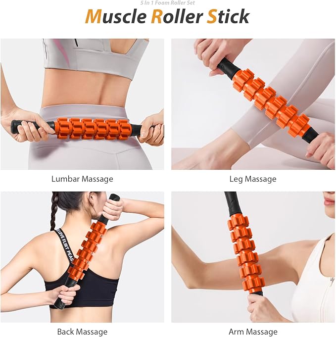 5 in 1 Foam Roller Set for Deep Tissue Muscle Massage, Trigger Point Fitness Exercise Foam Roller, Massage Roller, Massage Ball, Stretching Strap, for Whole Body(Orange-Black) - Bloomnest