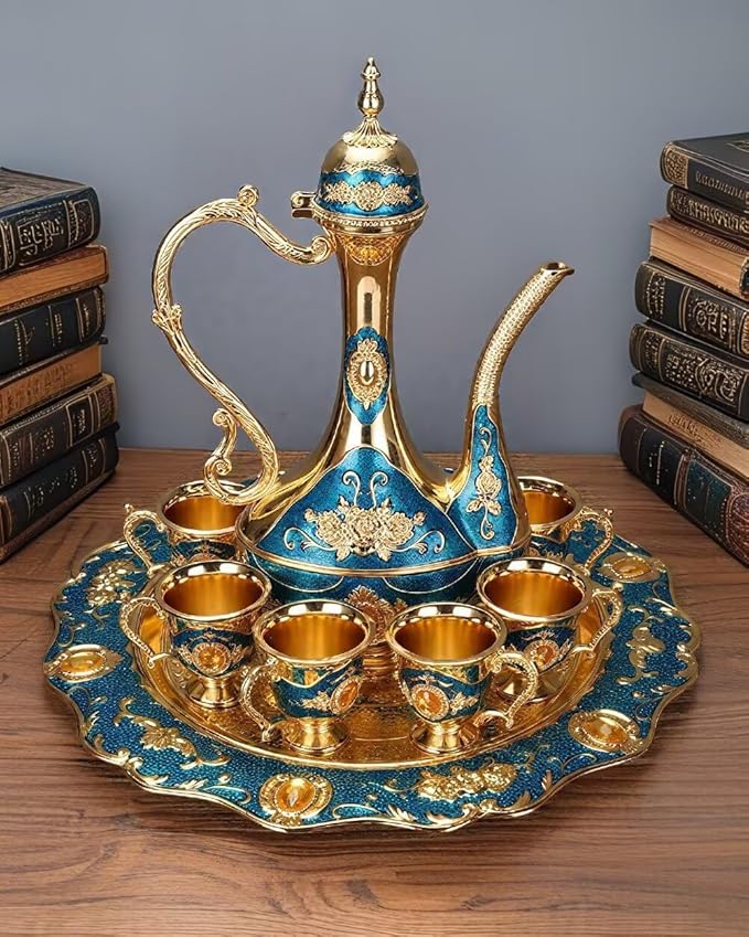 Large Vintage Turkish Coffee Pot Set Coffee Service Set Teapot Sets for Adults Home Party Decor Golden Blue