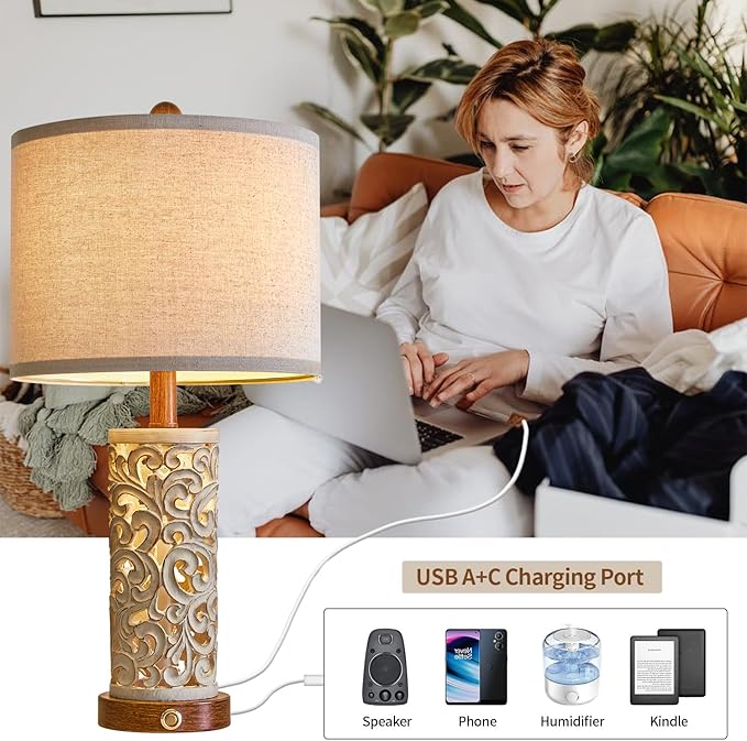 OYEARS 3-Way Dimmable 22'' USB A+C Touch Control Table Lamp Set of 2 with Nightlight for Living Room Bedroom Farmhouse Bedside Nightstand Lamps (Brown, Bulb Included) - Bloomnest