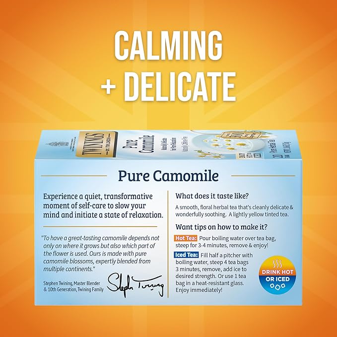Twinings Pure Camomile Herbal Tea Individually Wrapped Bags, Calming & Delicate, 20 Count (Pack of 6), Naturally Caffeine-Free, Enjoy Hot or Iced, 120 Teabags - Bloomnest