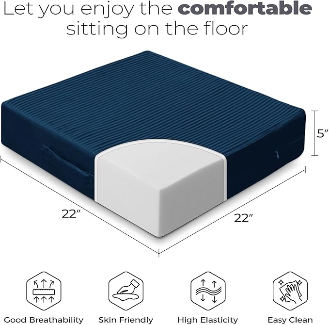 Large Floor Pillows for Adults, Thick Meditation Floor Cushions for Sitting Yoga, 22x22x5 Foam Seat Cushions Set of 2 for Furniture, Floor Pillow with Pleated Velvet Removable Cover, Navy