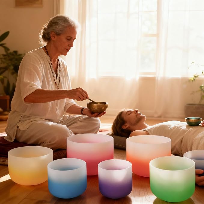 RYAN DVAN 432hz 6-12 Inch Set of 7 Pcs Gradient Design Quartz Crystal Singing Bowl Chakra Set Sound Therapy for Yoga, Reiki, Chakra Healing Energy Tuning & Mindfulness Kit - Bloomnest