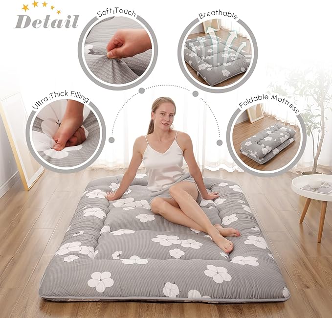Japanese Floor Mattress Full, Futon Mattress with Storage Bag and Washable Cover, Roll Up Tatami Mat Suitable for Guest Room, Grey Cotton - Bloomnest