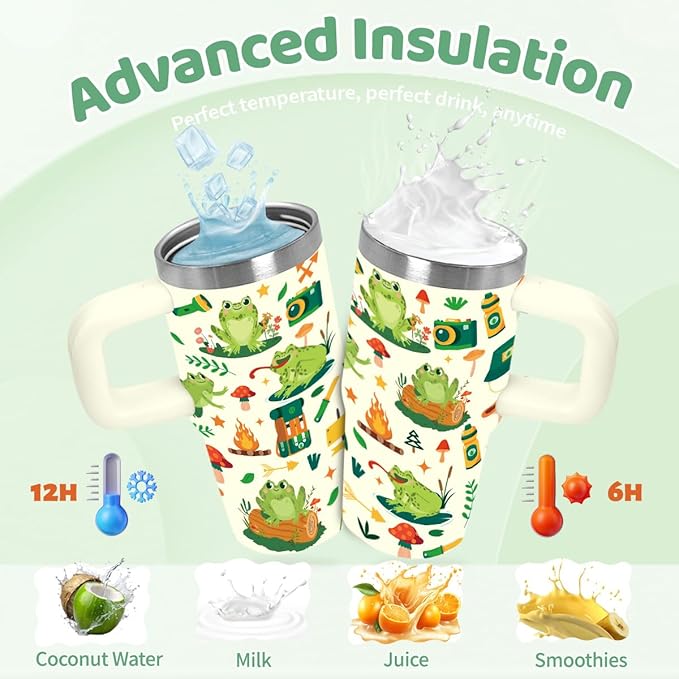 14oz Frog Tumbler with Handle and Straw for Kids, Stainless Steel Vacuum Insulated Tumblers, Fathers Day Birthday Gifts for Frog Lover, Men, Son, Daughter - Bloomnest