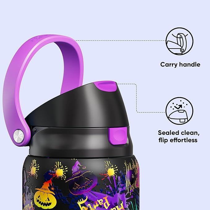 Encool SwiftSip Insulated Stainless Steel Water Bottle with Straw - Leak Proof Sports Water Bottle for School, Travel, Keeps Cold All Day, One-Touch Flip Lid, BPA-Free, 32 oz, Ghost Party ENCOOL