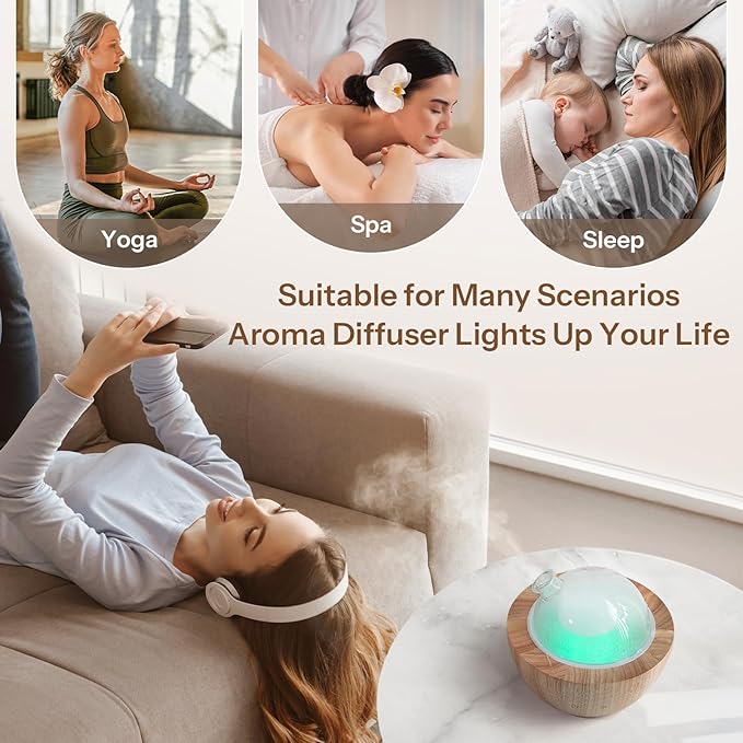 Wanlola 280ml Glass Essential Oil Diffuser with Natural Wood Base, The 2025 Upgrade Aromatherapy Diffusers for Home, Cool Mist Air Aroma Diffuse Humidifier with 7 Color Lights for Office, Bedroom Wanlola
